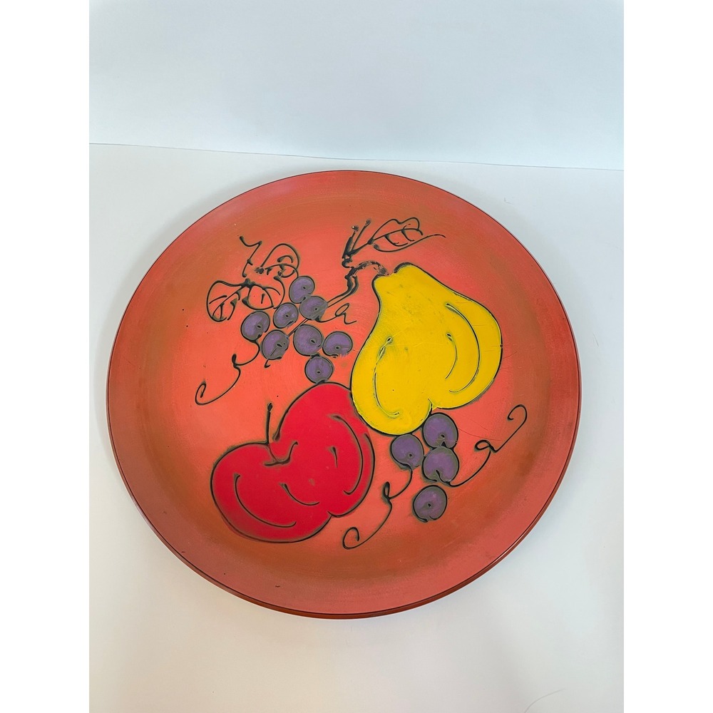 Vintage Hand Painted Laquerware Fruit‎ Platter Round Decorative Bowl Red 13 Inch